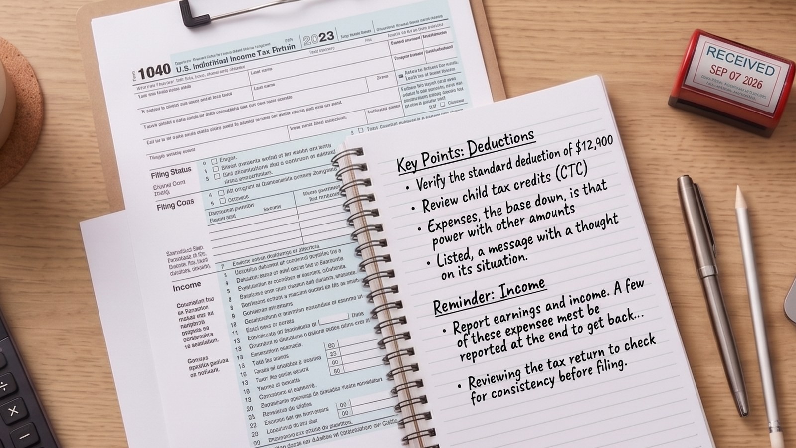 Form 1040 on a desk with a notebook of deduction notes, a calculator and a coffee cup