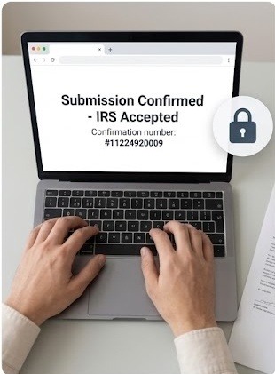 Laptop screen confirming the return was submitted and accepted, with the confirmation number