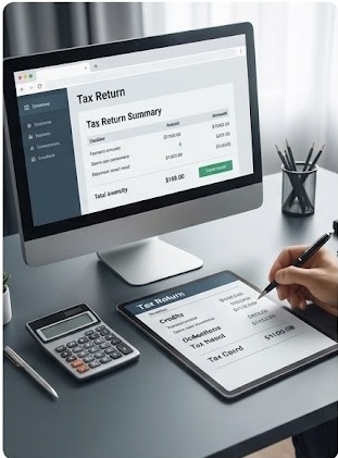 Tax return summary on a monitor being checked against a tablet