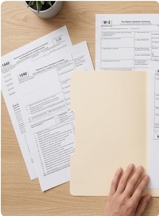 W-2, 1099 and Form 1040 laid out beside a file folder, ready to hand in